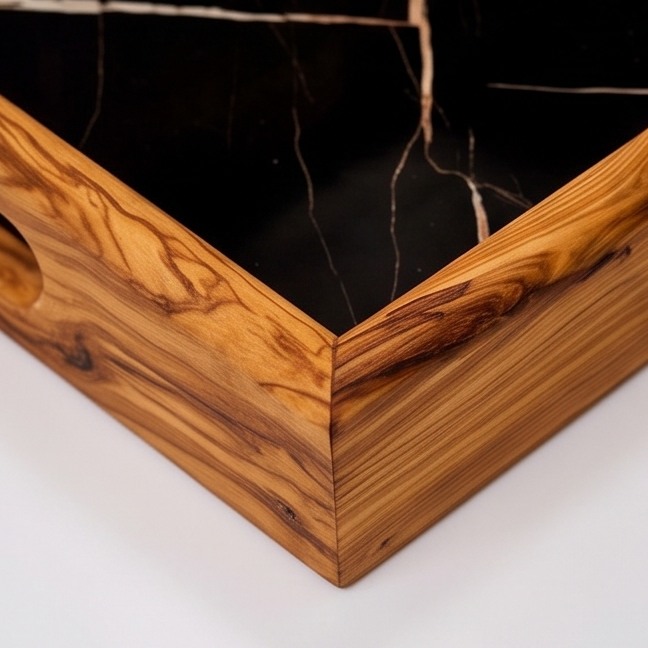 Olive Wood Rectangular Olive Wood Ceramic Tray with Handle 40 cm * 25 cm