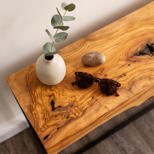 Live Edge Olive Wood Console Table & Matching Mirror Set