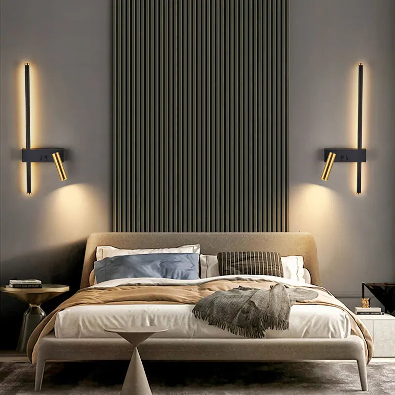 Gold & Black LED Wall Lamp with Reading Light | Modern Bedside Wall Light