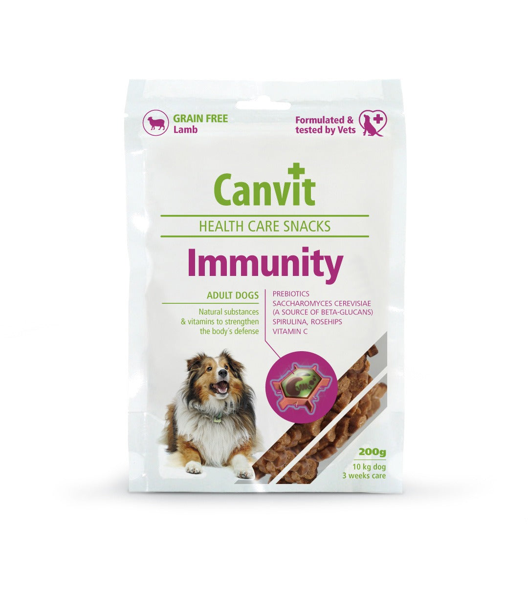 Canvit Immunity Snack for dogs by Pet Nourish, grain-free lamb treats with spirulina and rosehip in a 200g package.