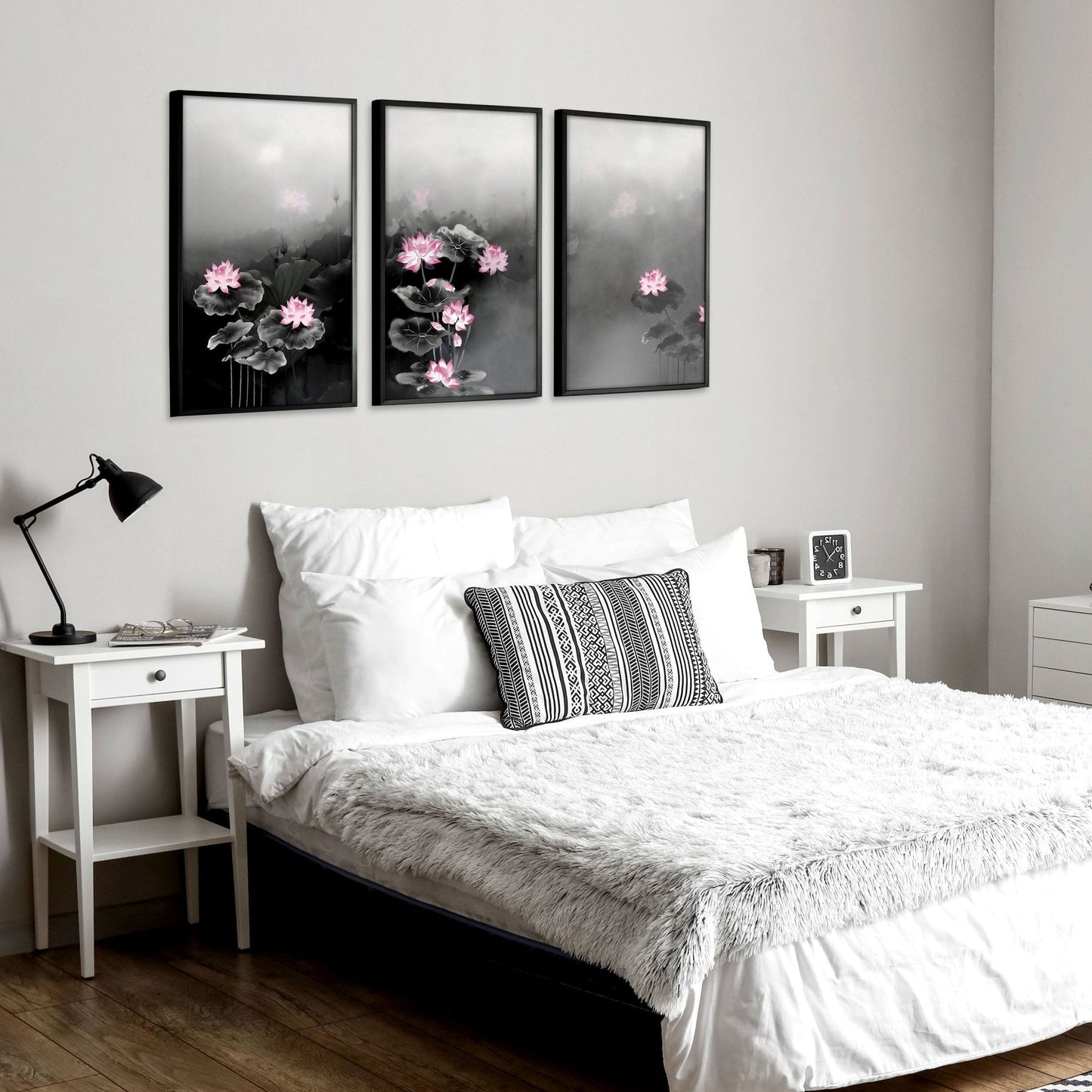 Set of 3 Asian-inspired wall art prints featuring Japandi interiors, showcasing minimalist and modern design elements.