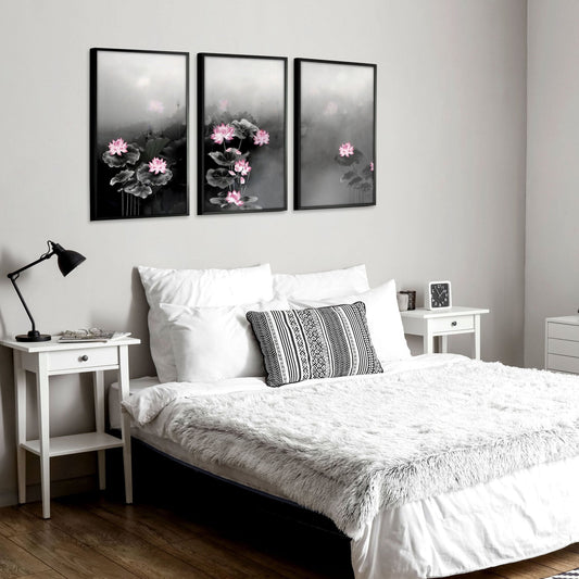 Set of 3 Asian-inspired wall art prints featuring Japandi interiors, showcasing minimalist and modern design elements.