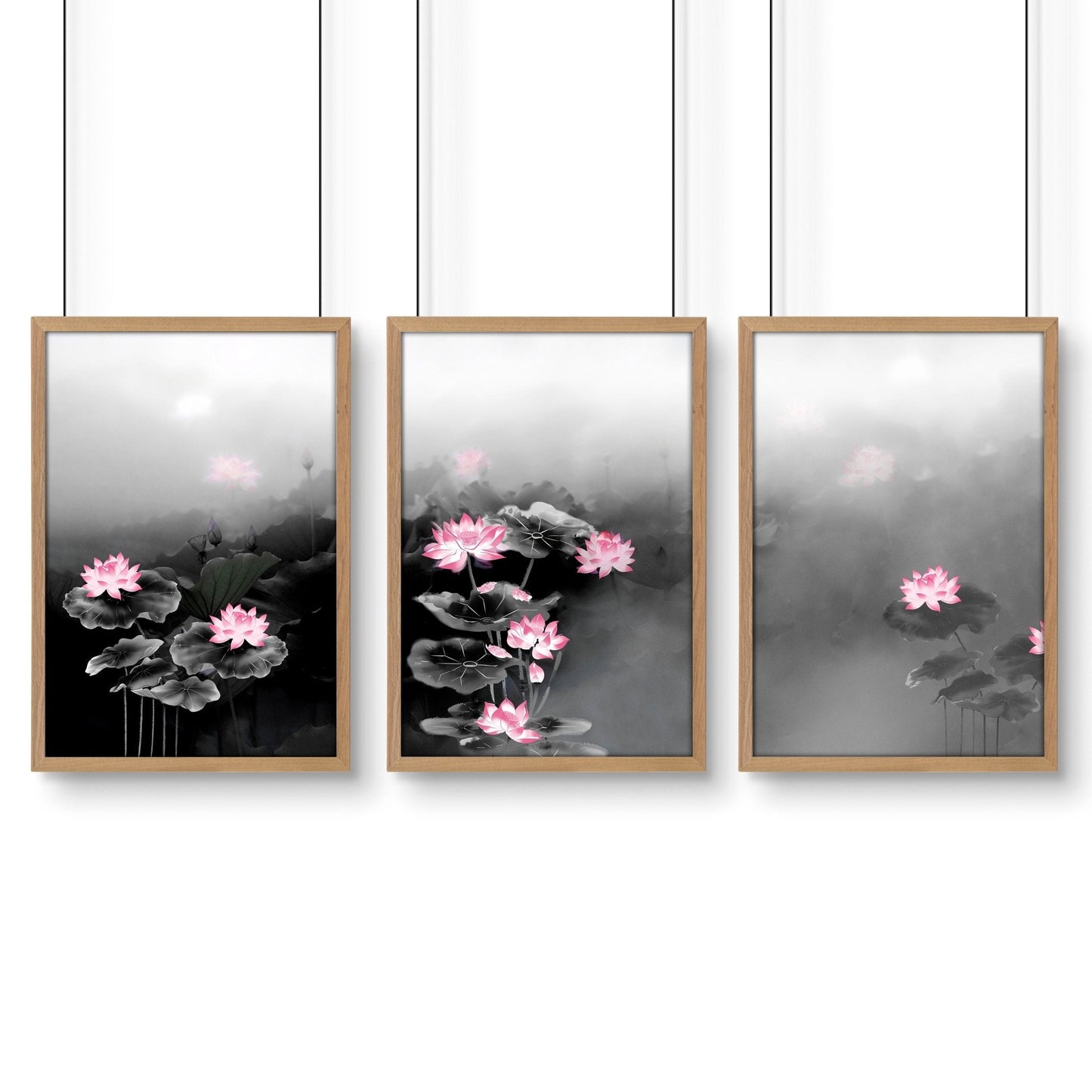 Set of 3 Japandi-style Asian-inspired wall art prints by About Wall Art, featuring minimalist and tranquil design elements.
