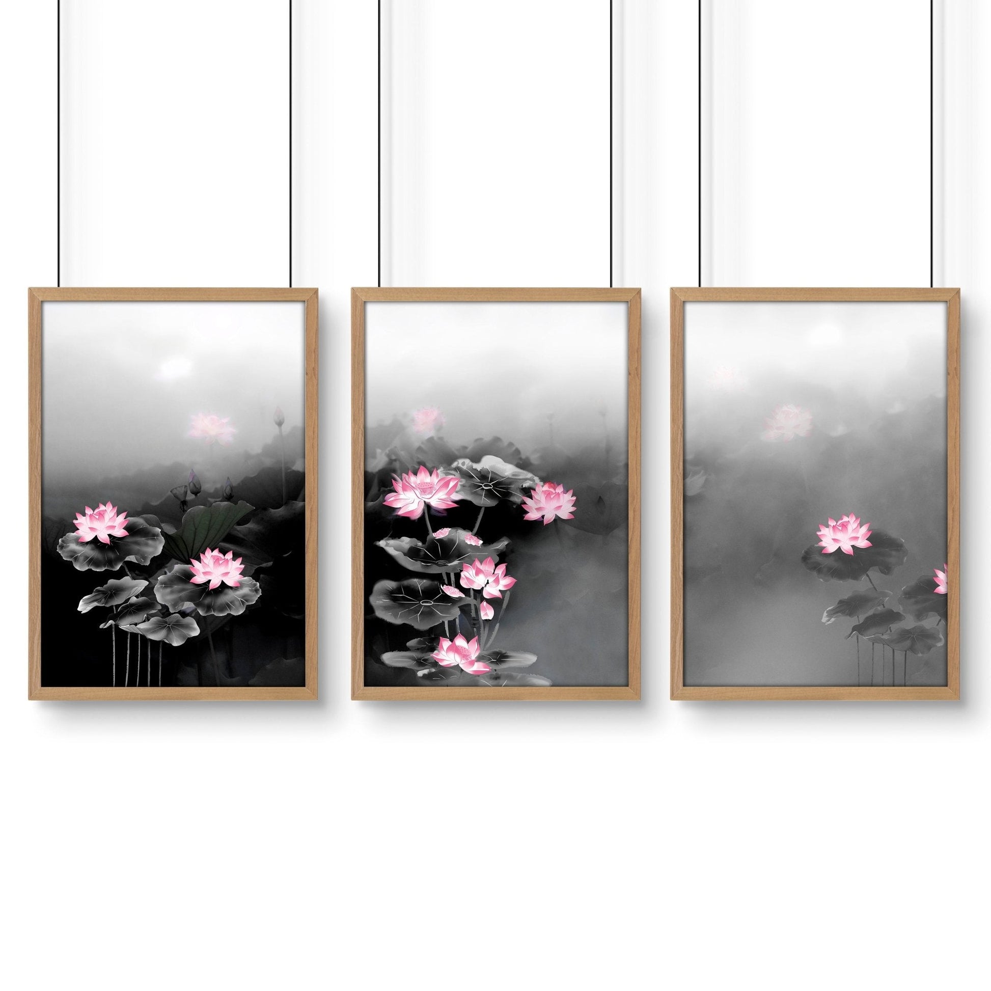 Set of 3 Japandi-style Asian-inspired wall art prints by About Wall Art, featuring minimalist and tranquil design elements.