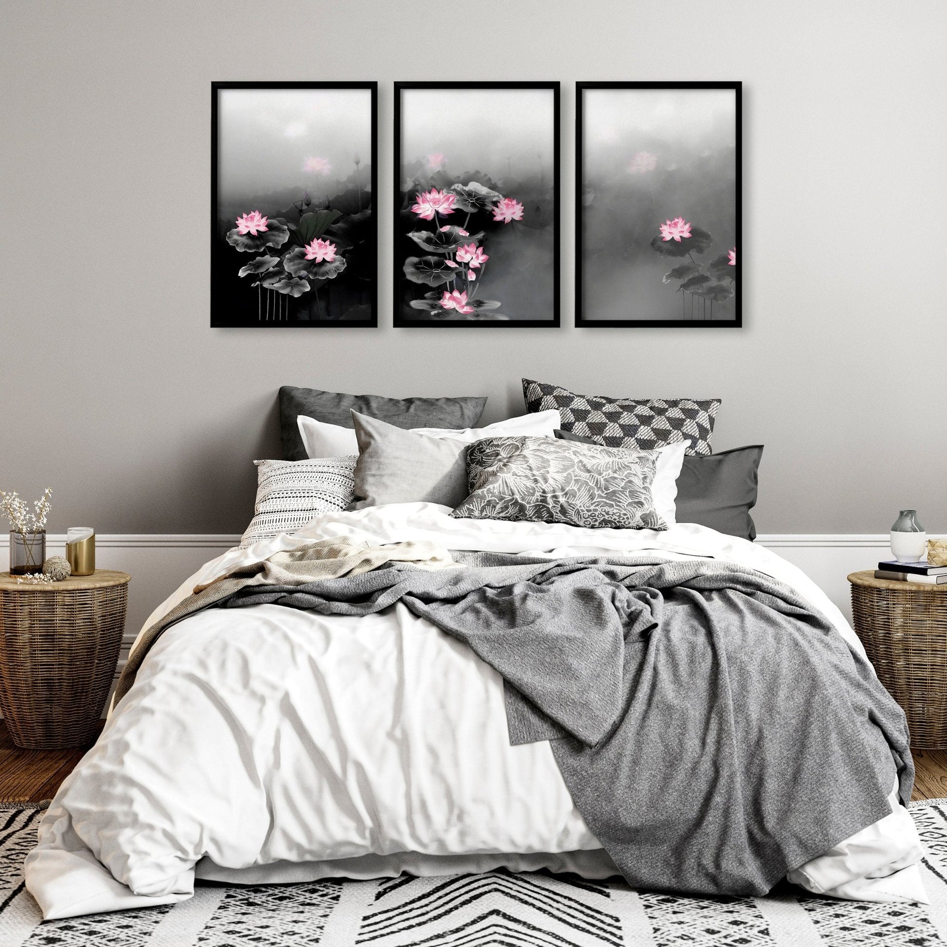 Set of 3 Japandi-inspired Asian wall art prints featuring minimalist designs for modern interior decor.