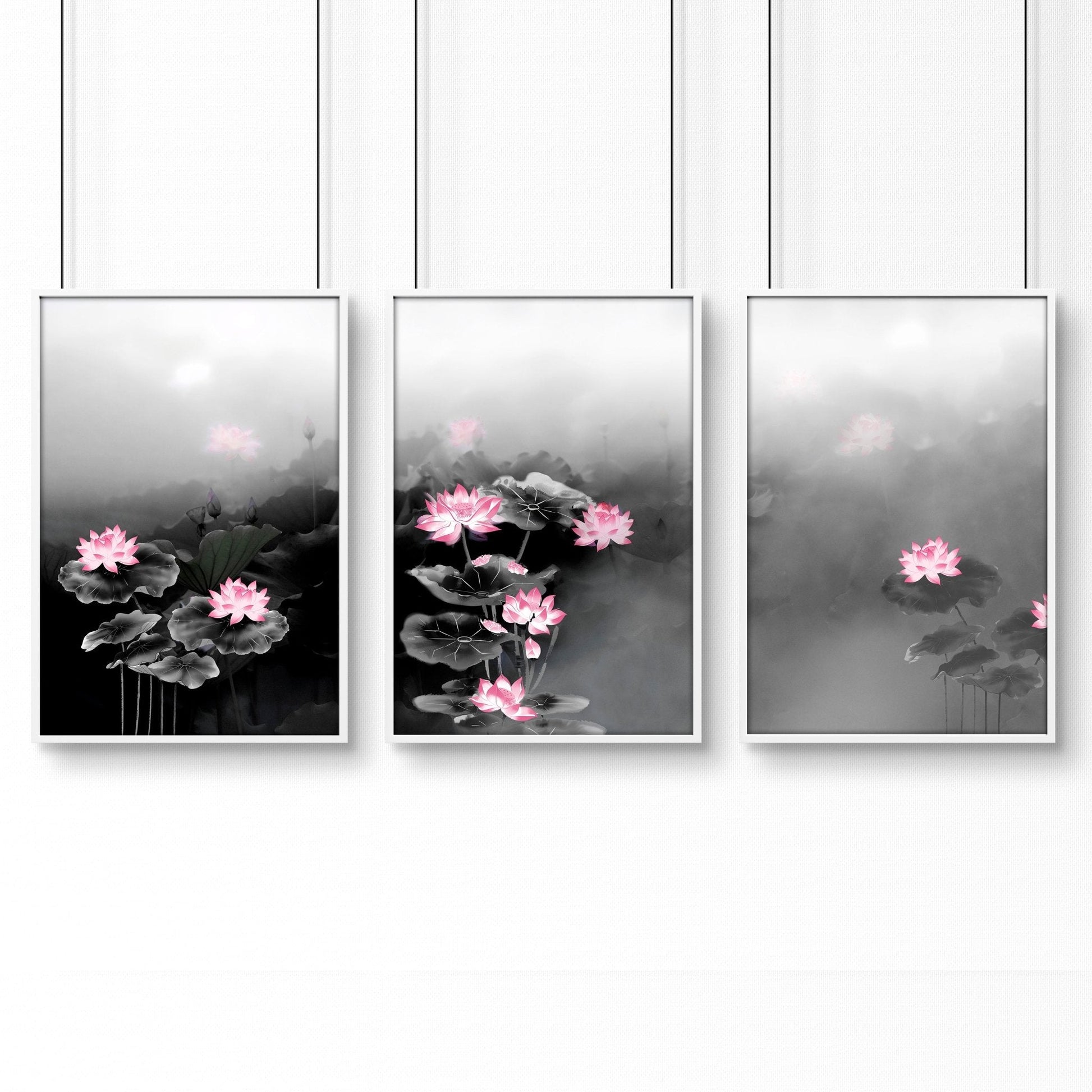 Set of 3 Japandi-style Asian-inspired wall art prints by About Wall Art, featuring minimalist and elegant design elements.