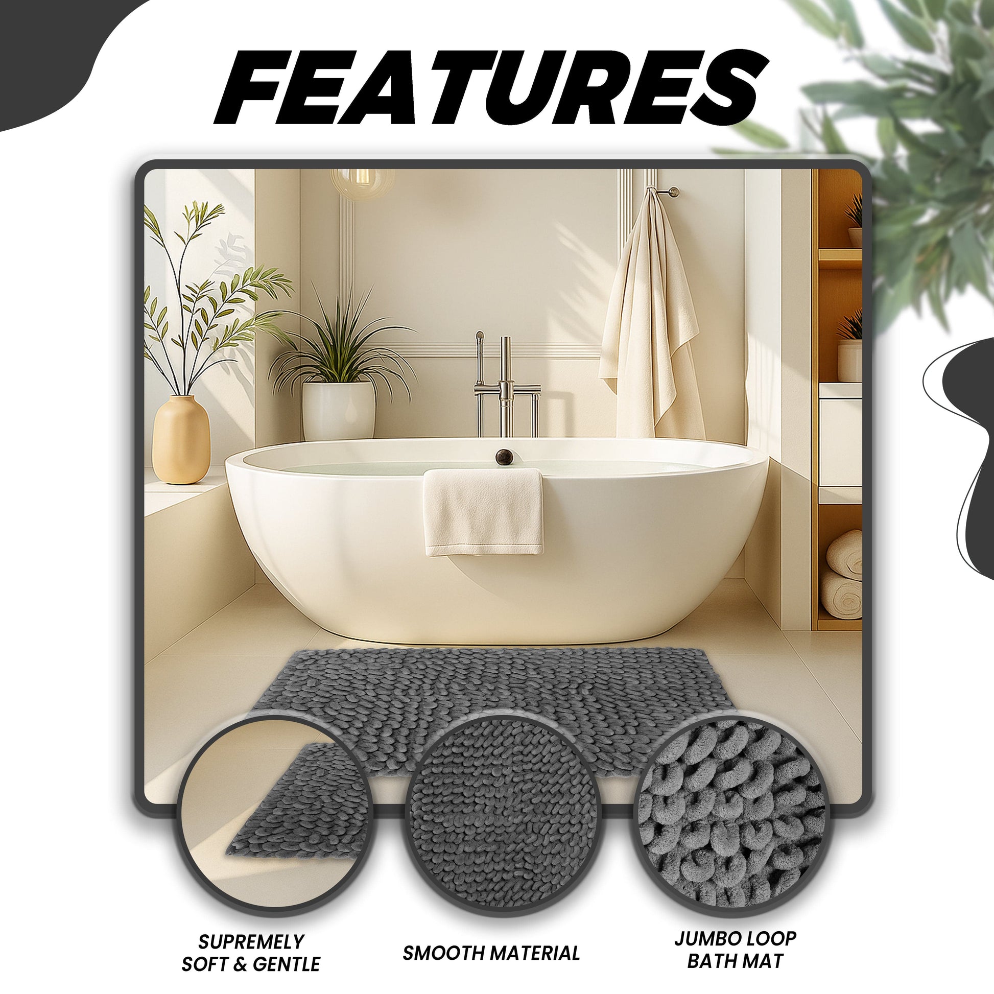 OLIVIA ROCCO jumbo loop bath mat with non-slip backing, plush water-absorbent design, large size for shower and toilet floors.