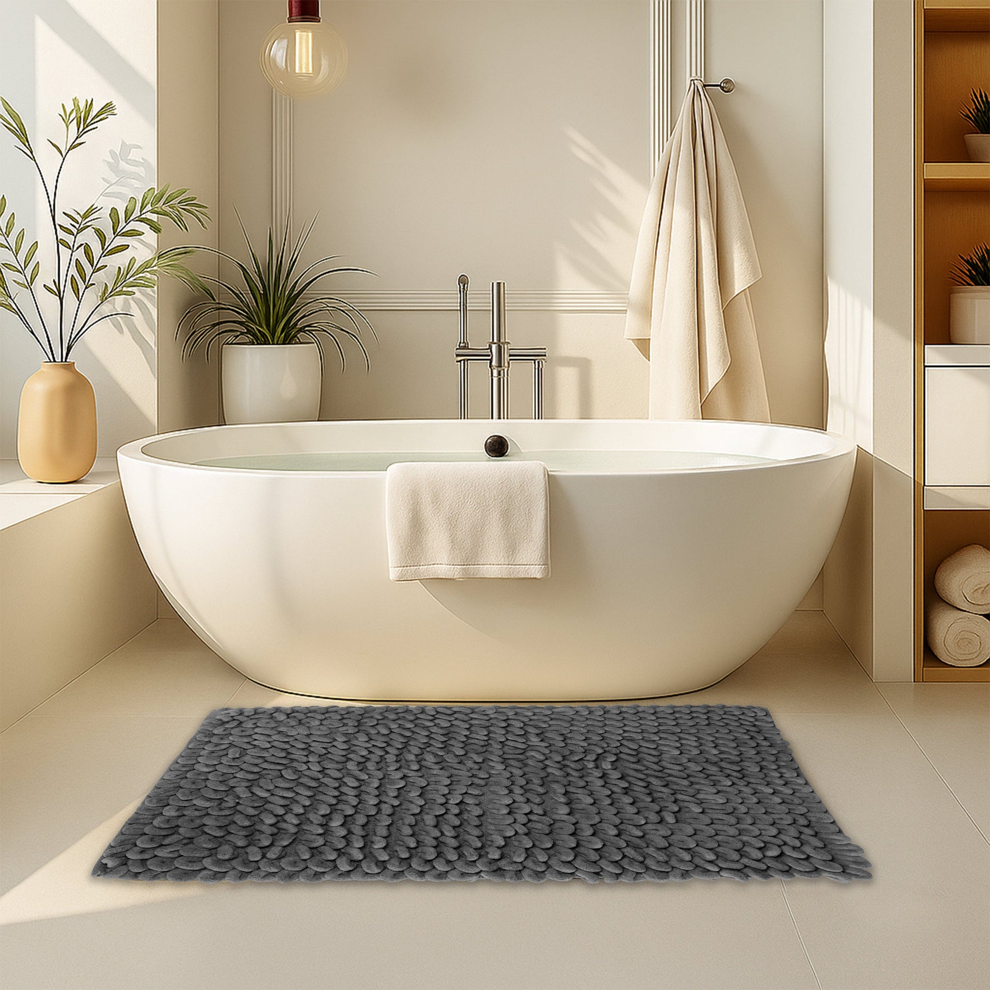 OLIVIA ROCCO jumbo loop bath mat with non-slip backing, water-absorbent plush design for shower or toilet floor.