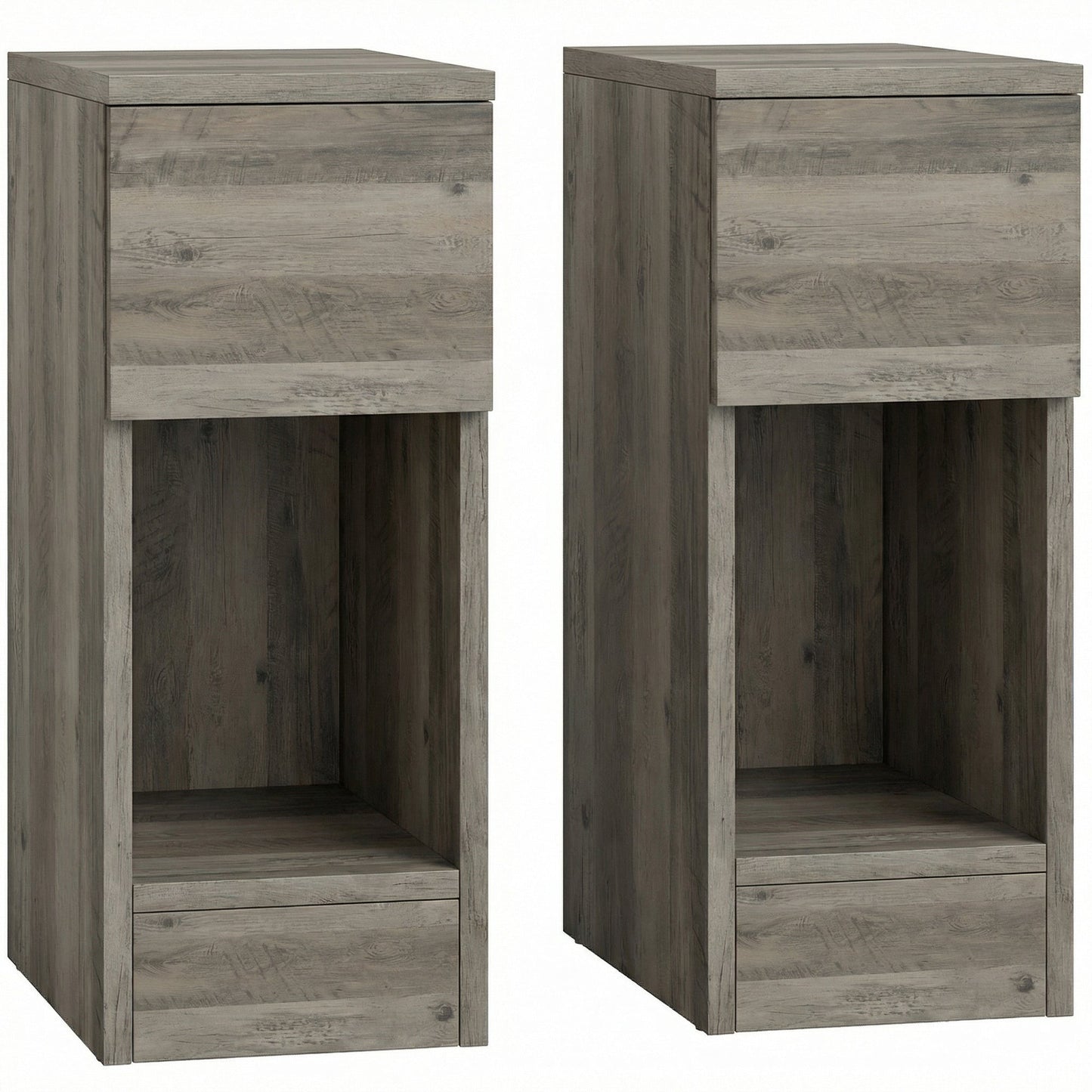 Pair of modern grey Wise Galleria storage bedside tables with sleek design and convenient drawers for bedroom organization.