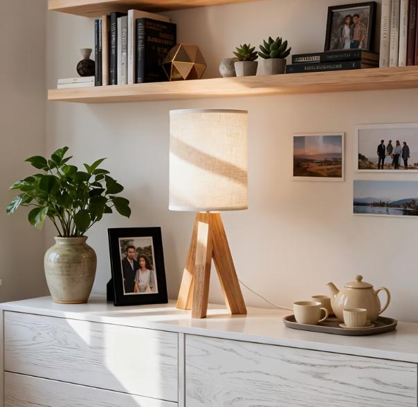 Wooden art table lamp by TrendHomeDepot with warm ambient lighting, modern design, and a sleek wooden base.
