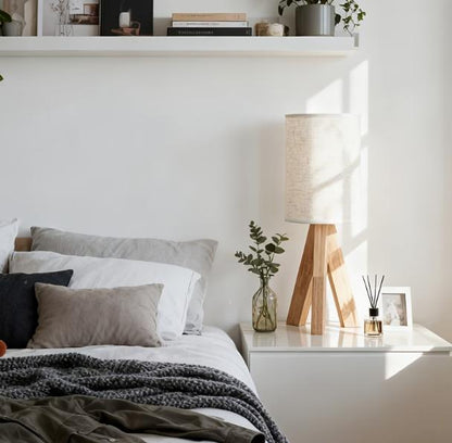 Wooden art table lamp by TrendHomeDepot with warm ambient lighting, perfect for modern interior decor.