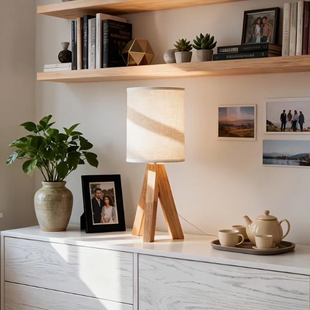 Wooden art table lamp with warm ambient lighting, modern design, and natural wood finish for contemporary interior decor.