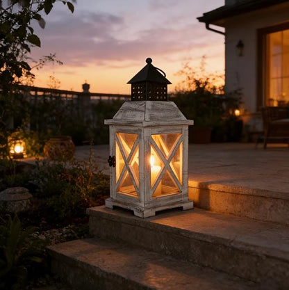 Vintage wooden candle lantern from TrendHomeDepot with glass panels and a rustic handle for indoor or outdoor decor.