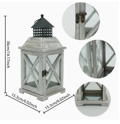 Vintage wooden candle lantern with glass panels and metal handle, ideal for rustic home decor or outdoor lighting.