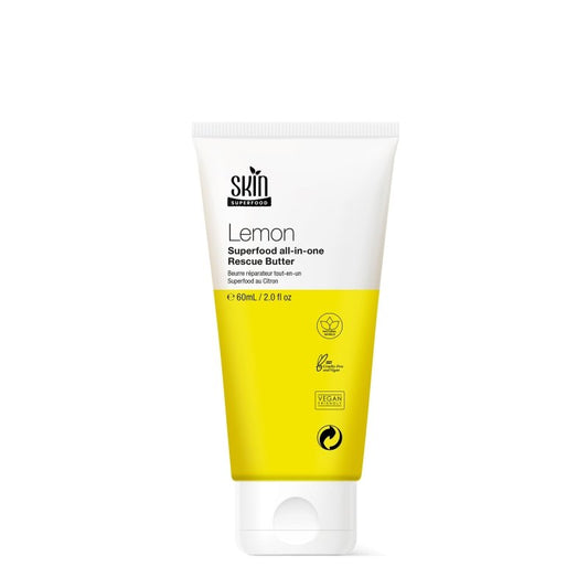 Dr Botanicals Lemon Superfood Rescue Butter 60ml moisturizer with lemon extract and nourishing ingredients in a sleek jar.