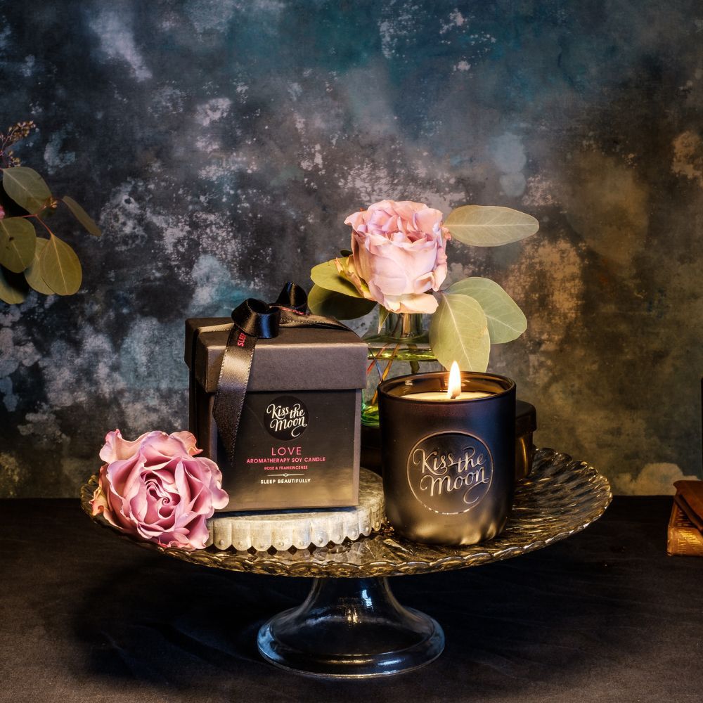Love Aromatherapy Soy Candle by Kiss the Moon featuring rose and frankincense for rejuvenation and calming ambiance.