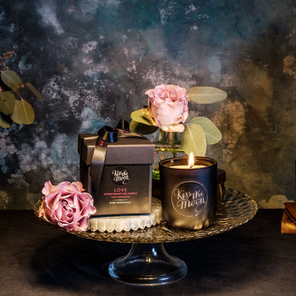 Love Aromatherapy Soy Candle by Kiss the Moon featuring rose and frankincense for rejuvenation and calming ambiance.