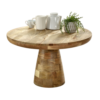 Solid wood Surrey mushroom-shaped coffee table with smooth finish, natural wood grain, and sturdy round base for contemporary living rooms.
