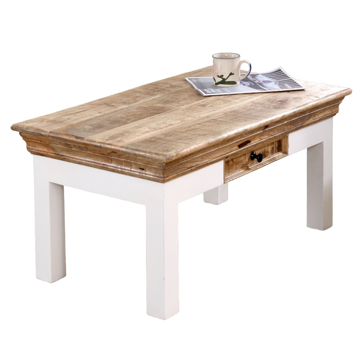Alfie coffee table with drawer made of solid mango wood, showcasing a stylish and functional piece for living room decor.