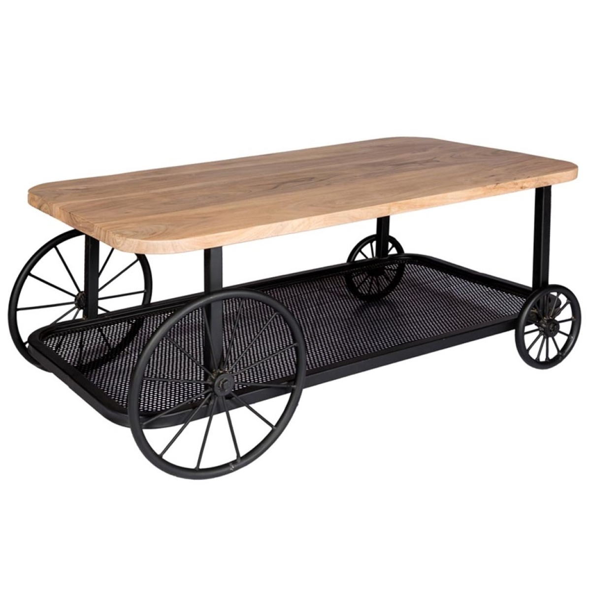InStock Craft Wheel coffee table with a round wooden top and metal base, modern furniture piece for living room decor