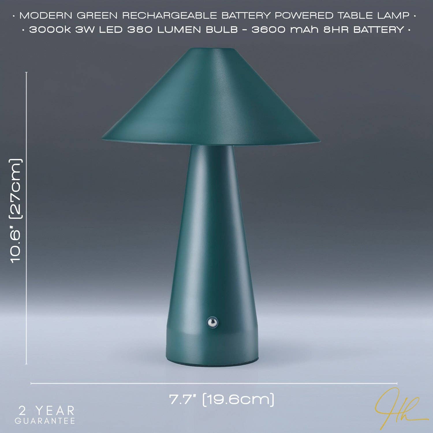 Matte forest green rechargeable touch dimmable table lamp with wide metal shade by Hstrends, featuring a sleek modern design.