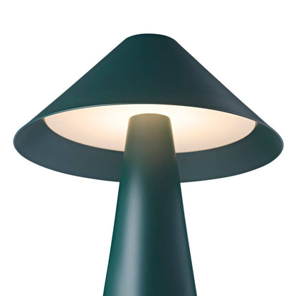 Matte forest green rechargeable touch-dimmable table lamp with a wide metal shade, designed by Hstrends.