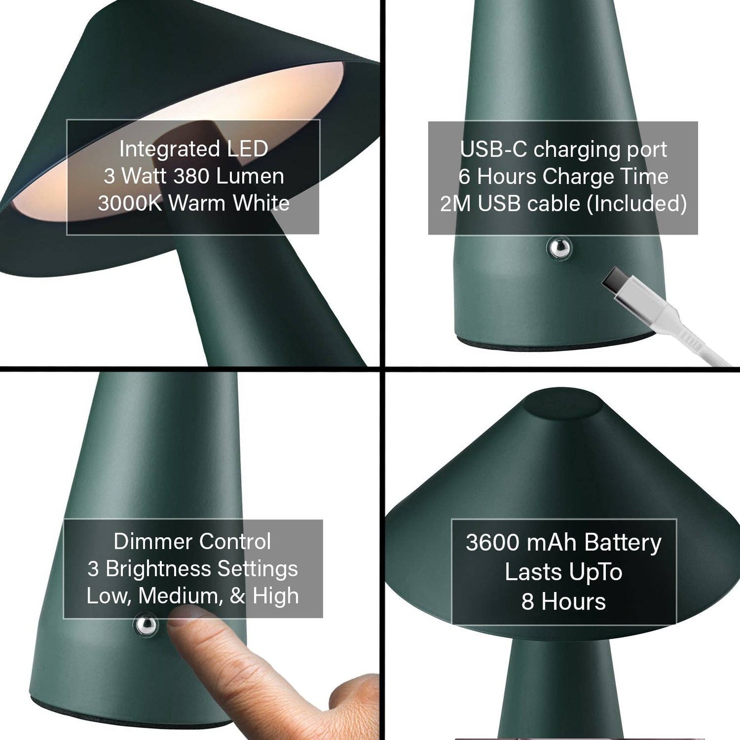 Matte forest green rechargeable touch dimmable table lamp with wide metal shade and modern design by Hstrends.