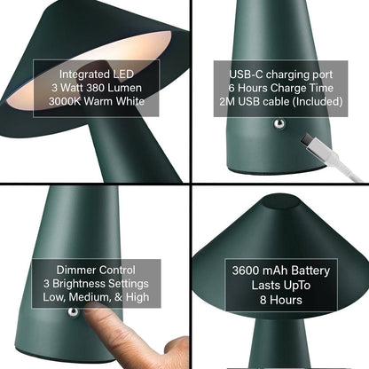 Matte forest green rechargeable touch dimmable table lamp with wide metal shade and modern design by Hstrends.