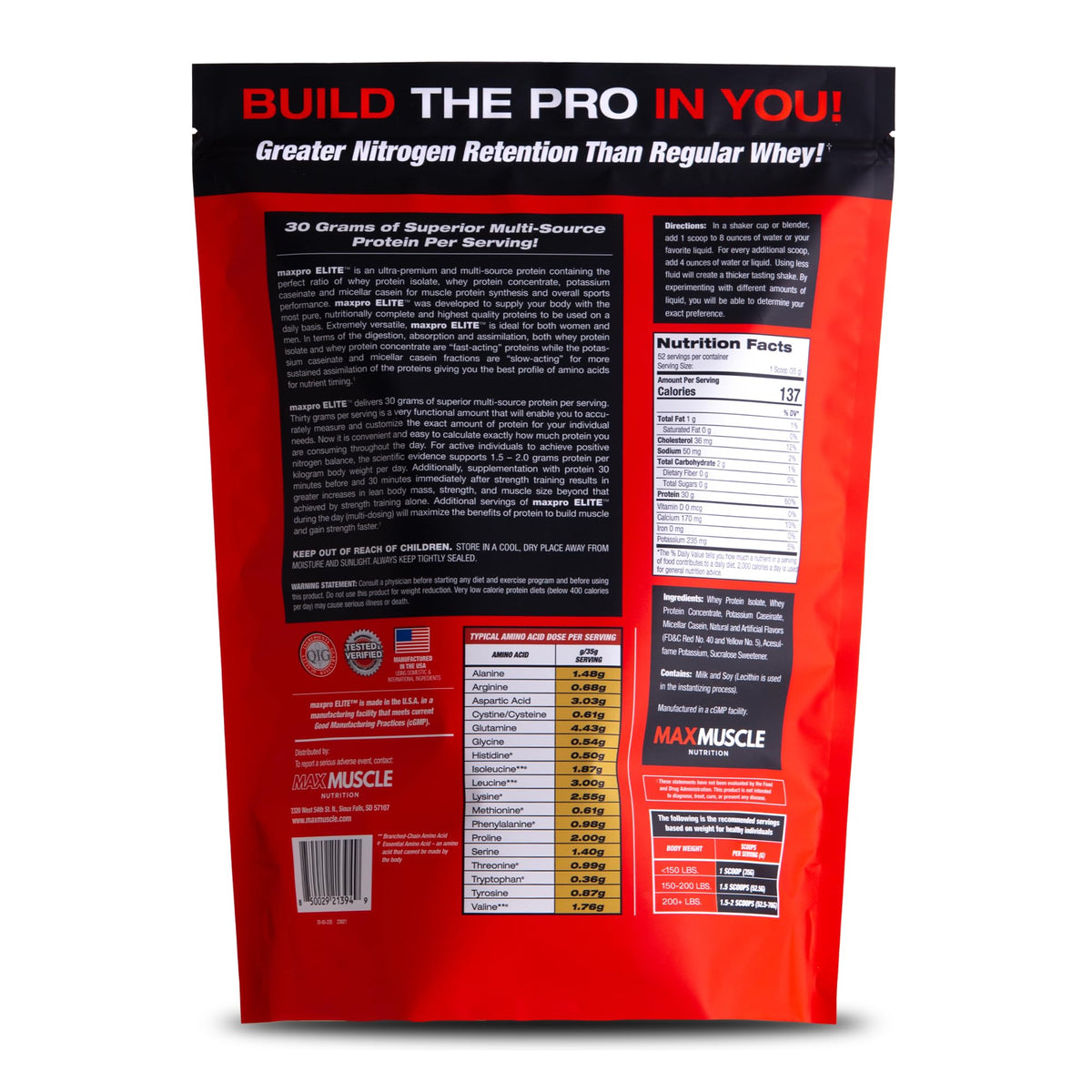 Max Muscle MaxPro Elite Whey Protein Powder | 30g Protein, 0g Sugar