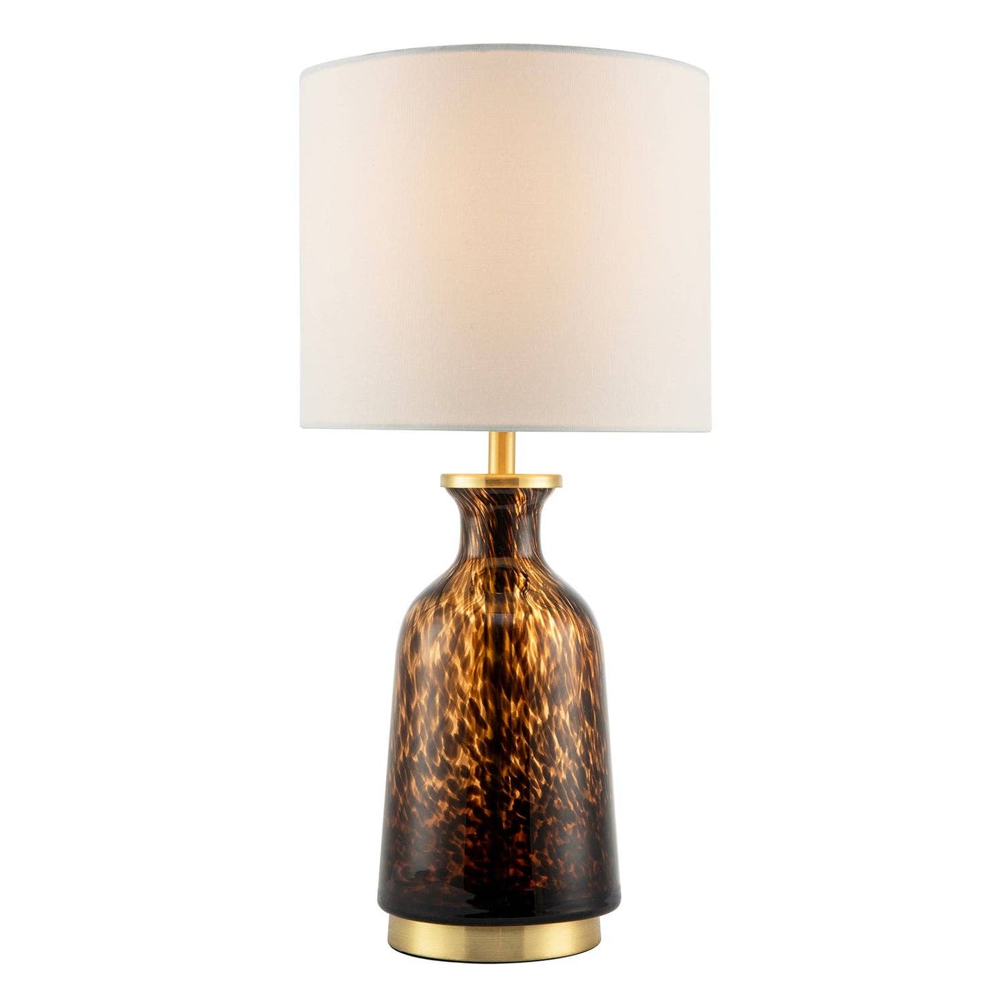 Modern amber and black snowflake speckle glass table lamp with shade, featuring a sleek design and decorative base.
