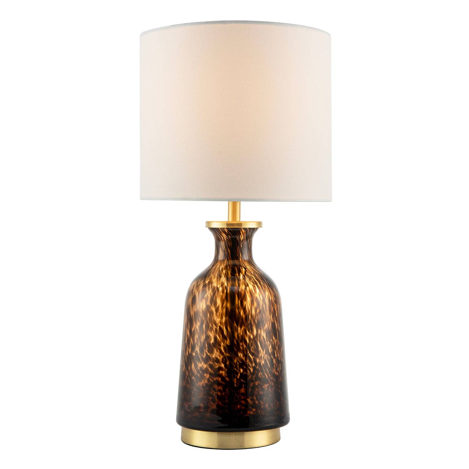 Modern amber and black snowflake speckle glass table lamp with shade, featuring a sleek design and decorative base.