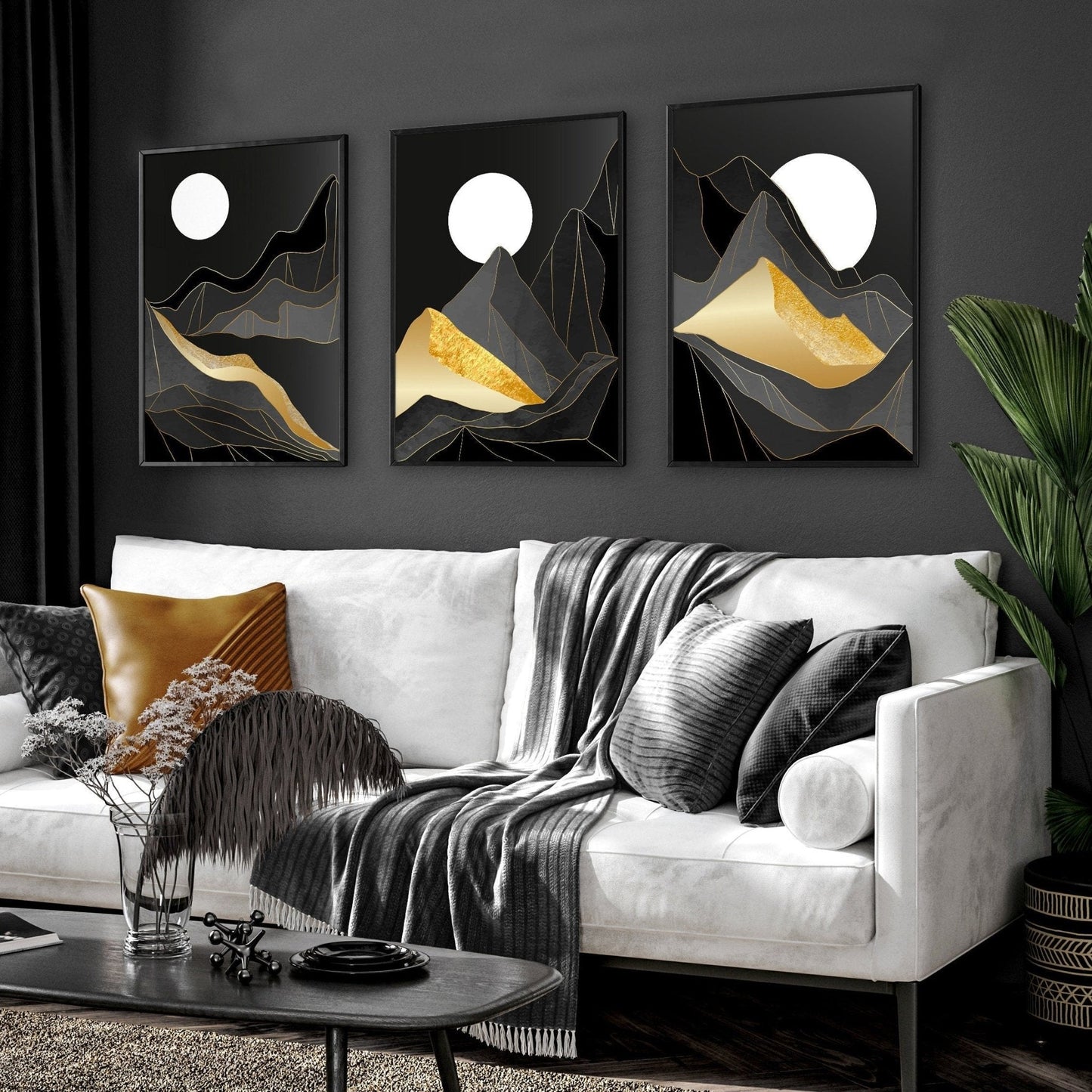 Set of three Scandinavian wall art prints featuring Nordic landscape designs, perfect for living room decor by About Wall Art.