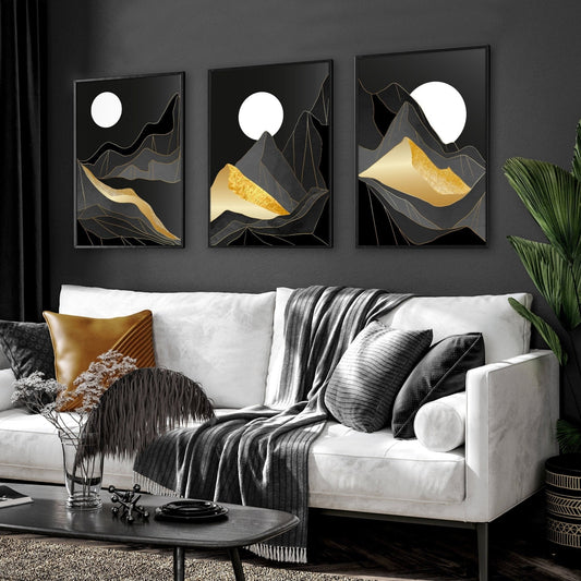 Set of three Scandinavian wall art prints featuring Nordic landscape designs, perfect for living room decor by About Wall Art.