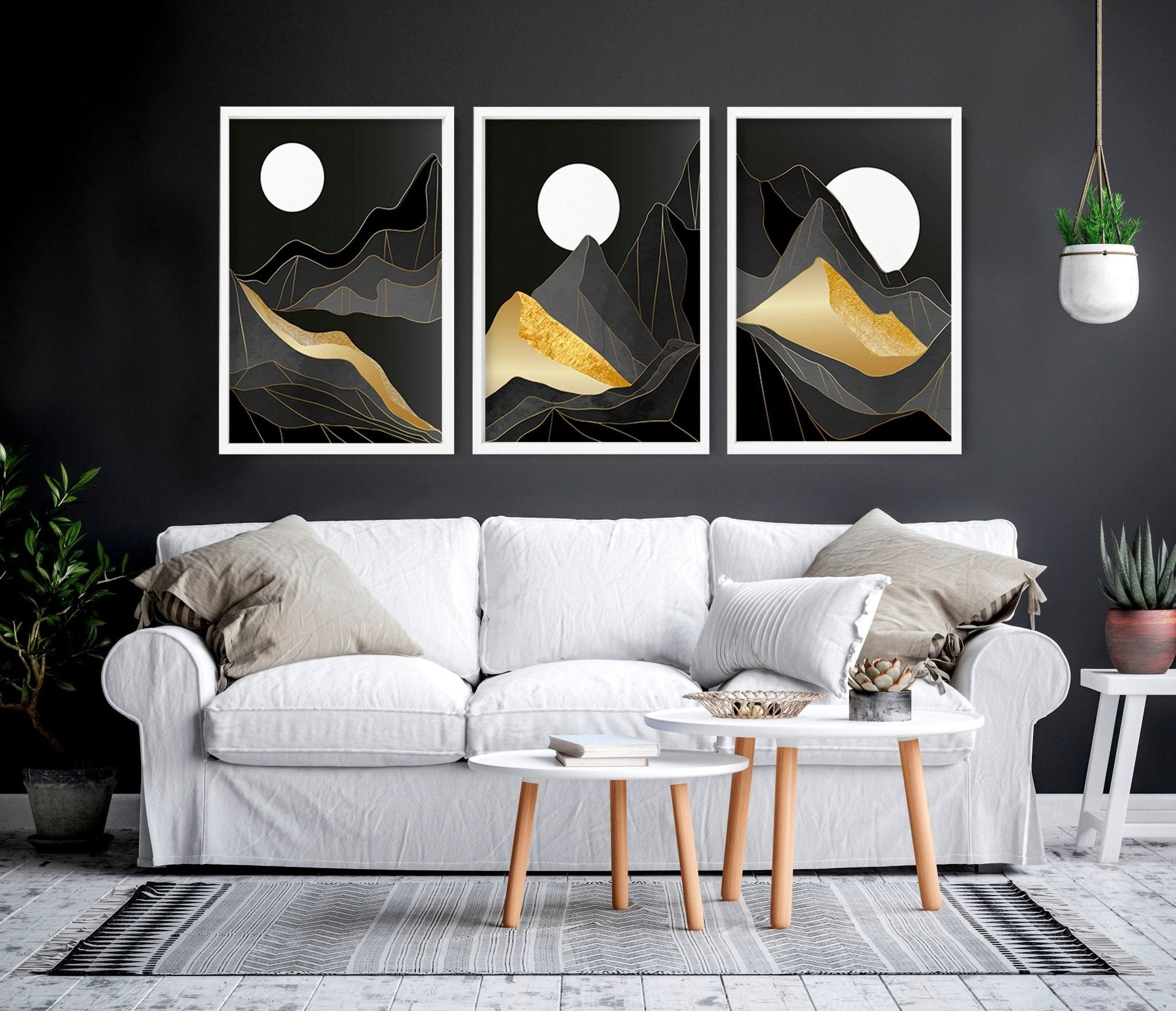 Set of 3 Scandinavian wall art prints featuring Nordic landscape designs for living room decor by About Wall Art.