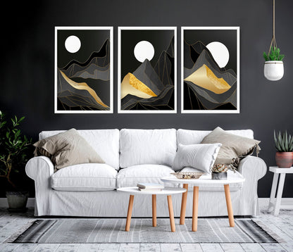 Set of 3 Scandinavian wall art prints featuring Nordic landscape designs for living room decor by About Wall Art.