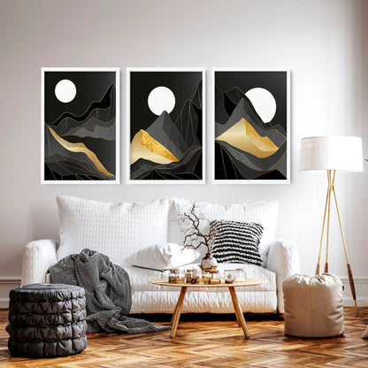 Set of 3 Scandinavian wall art prints featuring Nordic landscape designs, perfect for living room interior decor.