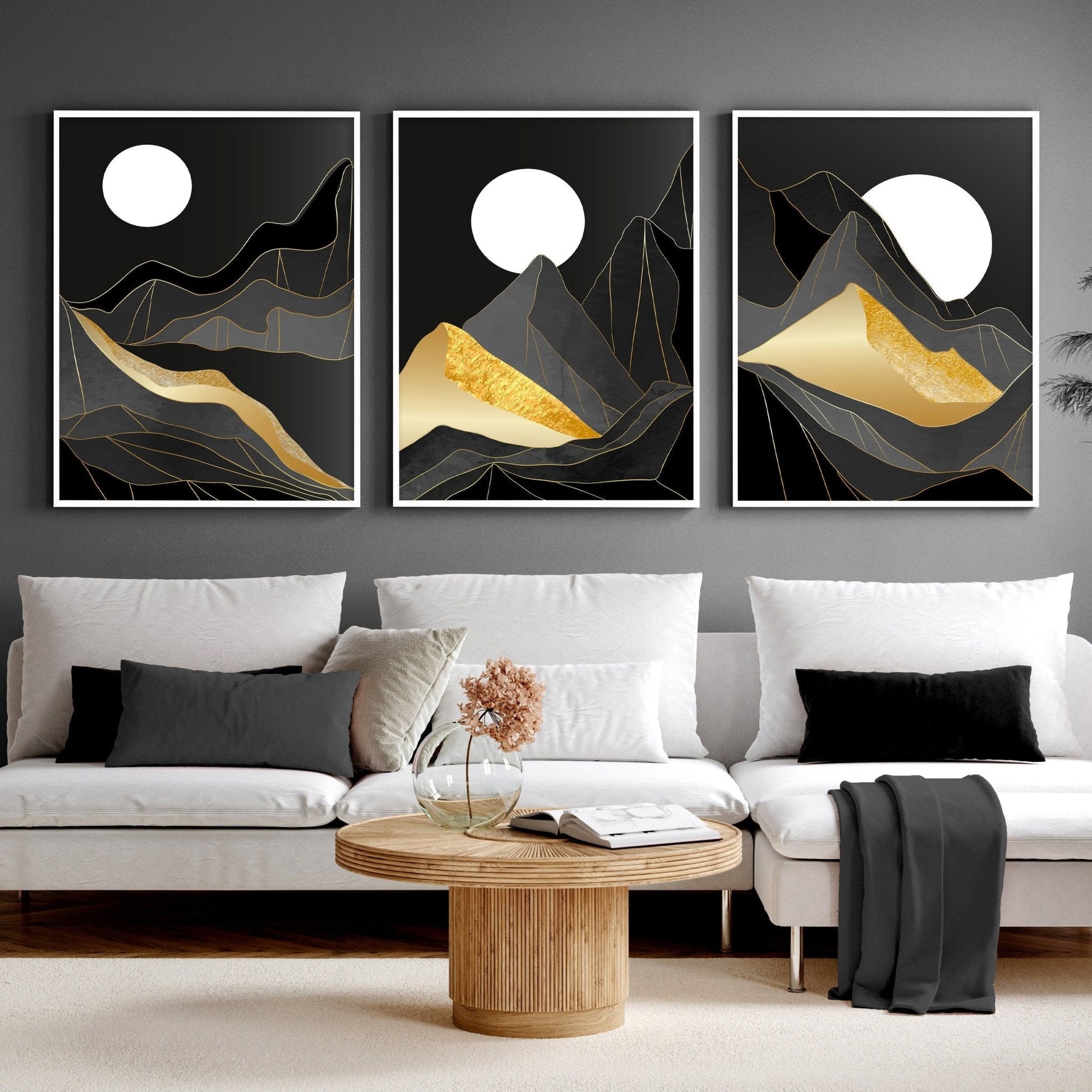 Set of 3 Scandinavian wall art prints featuring Nordic landscapes, perfect for living room decor by About Wall Art.