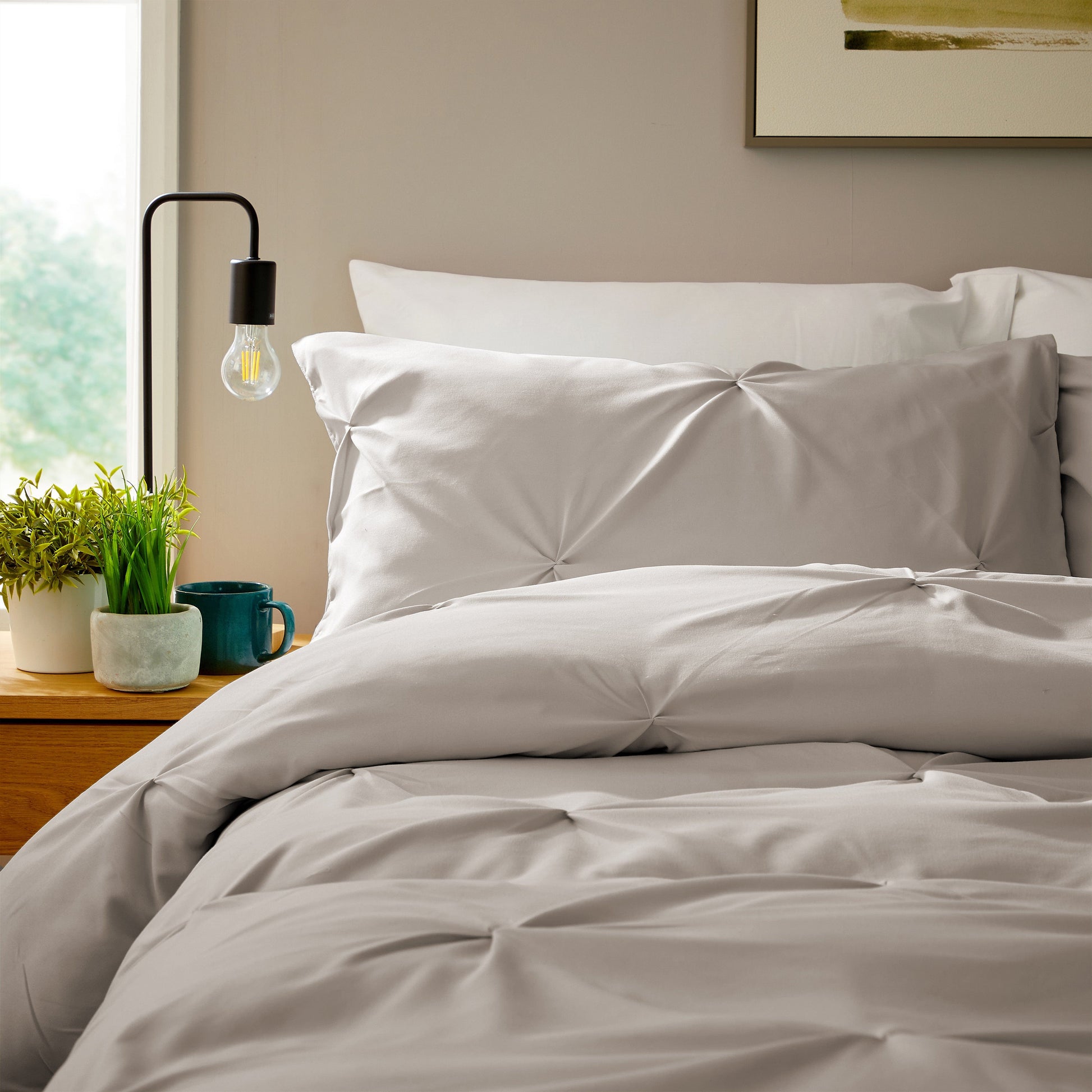 OLIVIA ROCCO pintuck natural microfiber duvet cover set with matching pillowcases, breathable, easy-care, machine washable bedding.