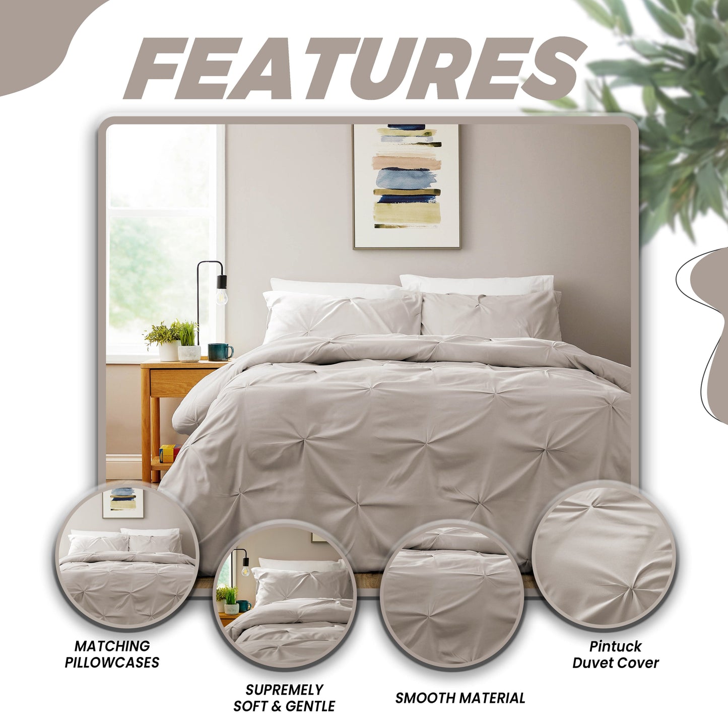 OLIVIA ROCCO pintuck natural microfibre duvet cover set with matching pillowcases, soft, breathable, easy-care bedding.