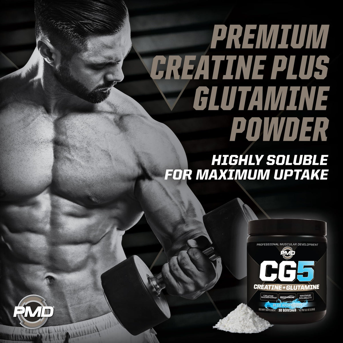 PMD Sports CG5 - Premium Creatine & L-Glutamine Powder for Maximum Strength, Recovery & Lean Muscle - Pre & Post Workout - Blue Raspberry (30 Serv)