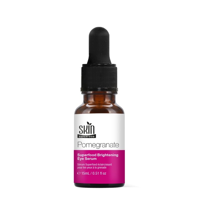 Dr Botanicals Pomegranate Superfood Brightening Eye Serum 15ml showing the serum bottle with pomegranate imagery and eye care packaging.