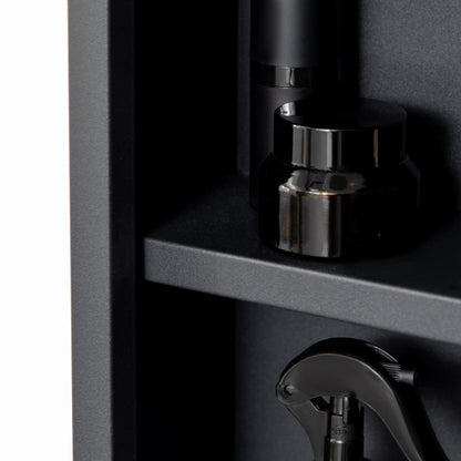 Wall-mounted black bathroom mirror cabinet with storage shelves, featuring a reflective mirror surface and compact design.