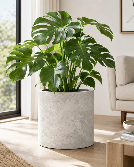 White Mist 30cm concrete cylinder planter by Jōbū Home, round 13L pot for indoor or outdoor plants in modern garden decor.