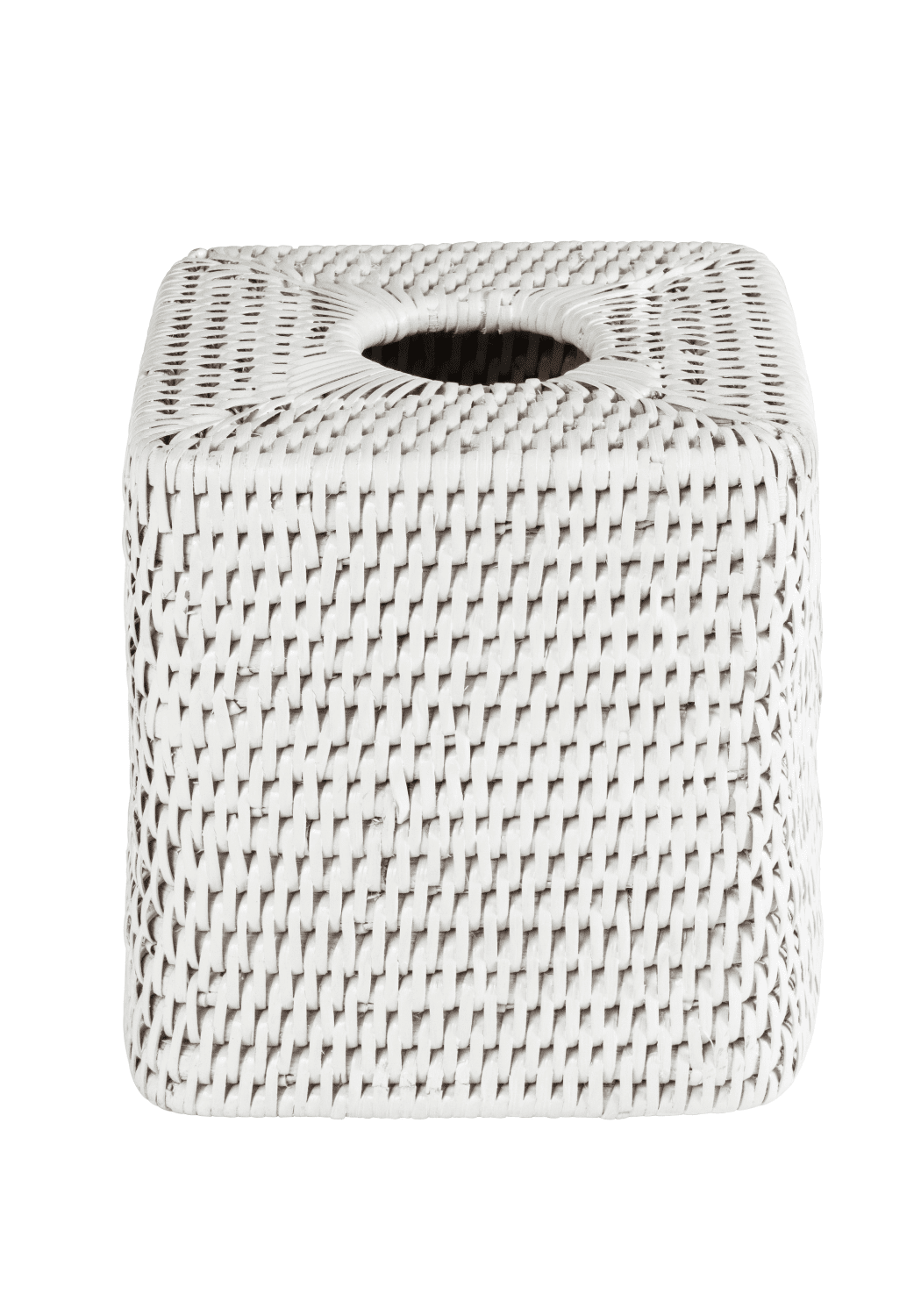 White rattan tissue box cover by Casa by Josephine Jenno, designed to fit standard tissue boxes with a stylish, natural look.