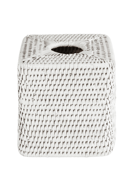 White rattan tissue box cover by Casa by Josephine Jenno, designed to fit standard tissue boxes with a stylish, natural look.