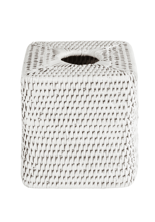 White rattan tissue box cover by Casa by Josephine Jenno, designed to fit standard tissue boxes with a stylish, natural look.