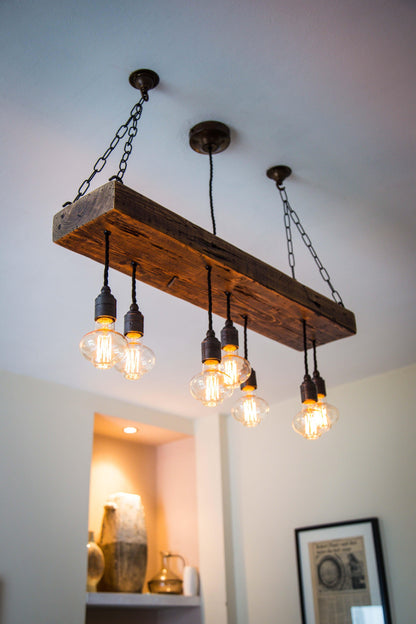 Reclaimed Wood Beam Chandelier | Handmade Rustic Cluster Pendant Light
