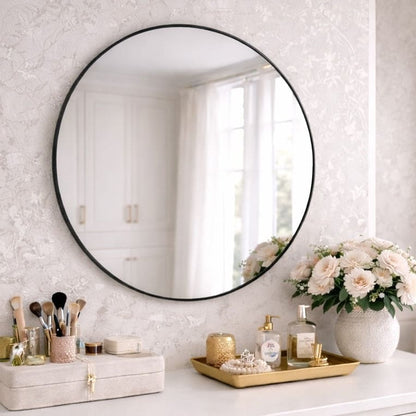 Round black metal circle mirror by Jōbū Home, 70cm x 70cm, with a sleek modern design and minimalist frame.