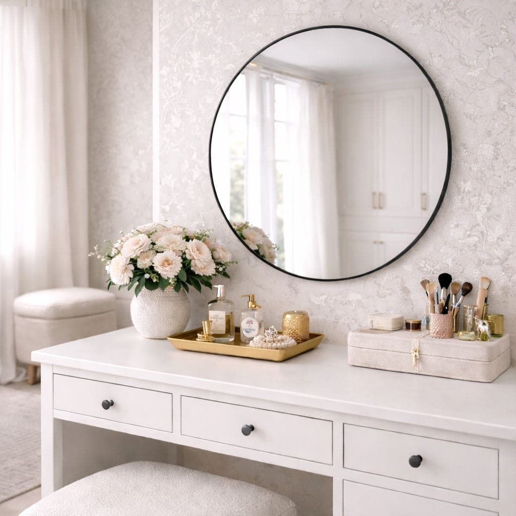 Round black metal circle mirror by Jōbū Home, 70cm x 70cm, with a sleek modern frame reflecting a room interior.