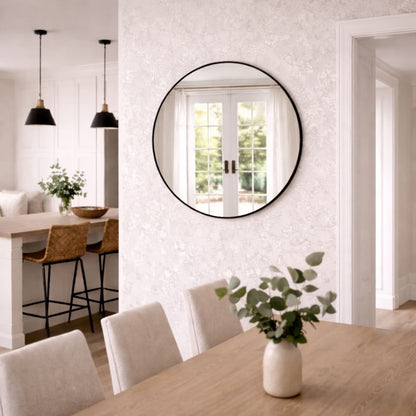Round black metal circle mirror from Jōbū Home, 70cm square with sleek modern frame, ideal for contemporary interior decor.